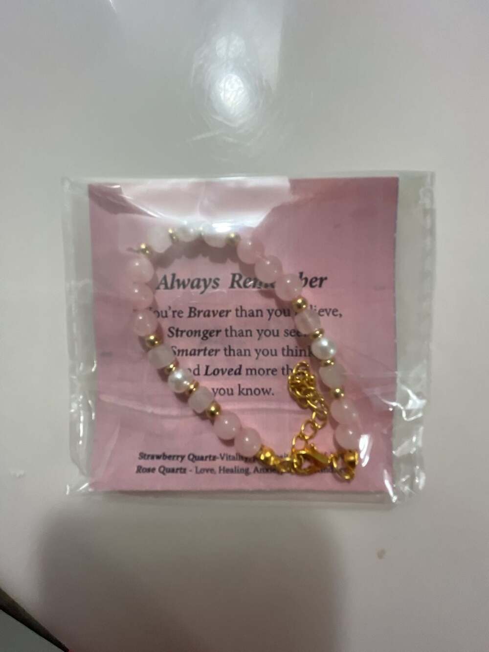 Inspirational Rose Quartz and Pearl Beaded Bracelet with Motivational Quote Card